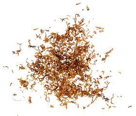 Wall Mural - A pile of shredded tobacco for cigarette rolling, top view, isolated on a transparent background, graphic element