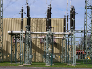 Wall Mural - Grid operator Tennet, Transformer station Paderborn - Elsen, Transformer is used to convert the voltage from 380 kilovolts to 110 kilovolts, Energy transition, Germany, Paderborn, Elsen 31. March 2024