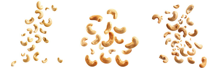 Set of Falling cashew nuts isolated on a transparent background