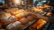 
Various breads on display on a bakery shelf, A person's hand using tongs to select bread on display, The sun comes in from the window
