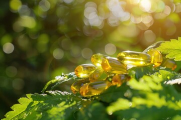 Beautiful yellow capsule or Omega-3 on a beautiful background in green nature, alternative medicine