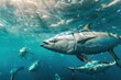 Big tuna swimming in the ocean, underwater view