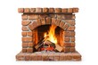 Brick home fireplace with a burning fire inside isolated on white background