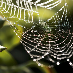 Wall Mural - Macro shot of a dew-covered spider web. 