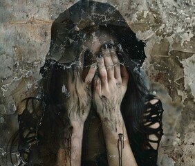 Wall Mural - a sad woman covering her face with her hands - sadness, depression and mental health concept
