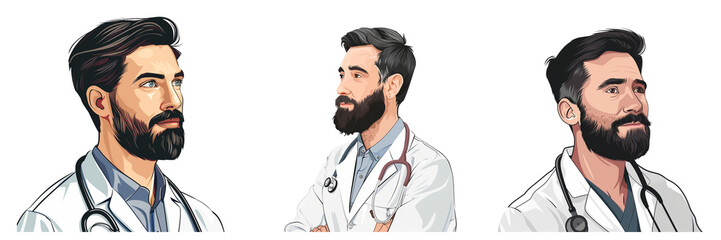 Wall Mural - Set of vector image for the website of a man doctor with a beard isolated on a transparent background