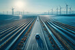 © Nikolay - A car journeys along a highway flanked by extensive solar panels, with wind turbines lining the horizon, symbolizing a future of sustainable travel and renewable energy.