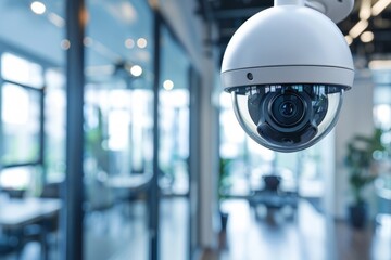 CCTV security camera hanging in bright modern office