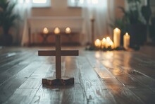 Christian Cross With Candles On Wooden Floor In Room