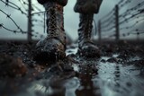 3D scene of a soldiers boots trudging through mud, barbed wire on the sides, under moody lighting