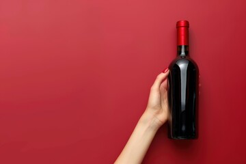 Wall Mural - Female hand with bottle of red wine on color background, closeup, copy space for text