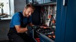 © liliyabatyrova - A man in blue overalls is working on a blue cabinet