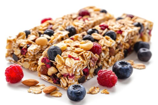 granola bar isolated on the white background. Superfood breakfast bars with oats, nuts and berries