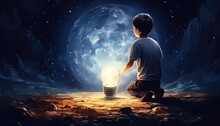 Boy Pulled The Big Bulb Half Buried In The Ground Against Night Sky With Stars And Space Dust, Digital Art Style, Illustraation Painting