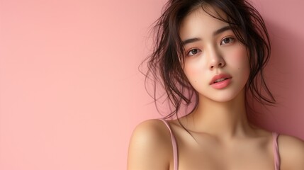 Wall Mural - Young Asian woman isolated on pink background.