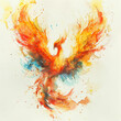 A watercolor illustration of a phoenix rising from flames its fiery colors and majestic form set against a plain white background
