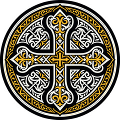 Vector illustration of an ornamental Christian cross, featuring a Celtic cross or Armenian Khachkar design within a circular frame, incorporating Christian motifs and Catholic ornamentation. 