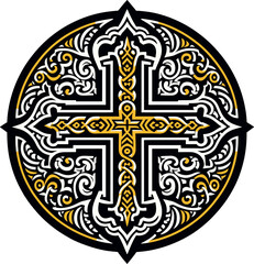 Vector illustration of an ornamental Christian cross, featuring a Celtic cross or Armenian Khachkar design within a circular frame, incorporating Christian motifs and Catholic ornamentation. 