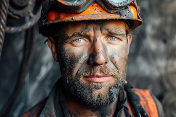 Portrait of a male miner in a helmet and goggles. A miner with a very dirty face underground in a coal