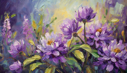  Oil painting of spring flowers in purple colors. Bright botanical art. Beautiful and creative postcard.