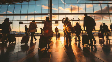 Airport Queue, Atmosphere of Tourist and Adventure passengers queuing to enter the airport gate. Generative Ai