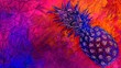  A lively depiction of a pineapple on a multicolored canvas featuring red, purple, and blue hues with an intricate leaf motif