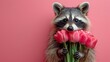  Raccoon with surprised face, pink tulips held in front of pink wall