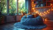 Detailed view of a cozy reading nook with a bean bag chair and fairy lights, providing a comfort