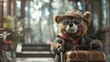 cute bear tourist with trolley and suitcase