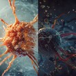 Visualization of a cancer cell versus a healthy cell, contrasting the differences in structure hyper realistic