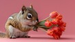  A squirrel sniffing red tulips against a pink backdrop with a pink wall