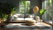 Interior of modern living room 3D rendering.There are plants around the sofa.