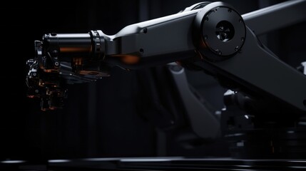 Sticker - Close-up of a robotic arm with artificial intelligence ready to work in the production of computers on a black background