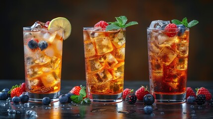  A group of glasses filled with various iced teas, fruit-topped table, strawberries, raspberries adjacent