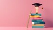 © Emma - heap of books for studying and ladder leading to bulb in graduation cap for concept of education and university degree against isolated pink background