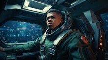 A Man In A Green Space Suit Is Sitting In A Cockpit