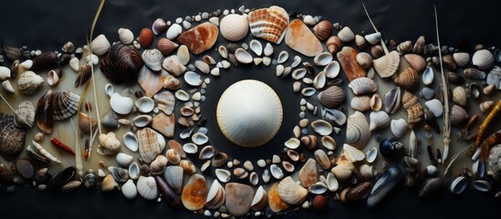 Canvas Print - a circle of rocks and shells with a white ball in the middle