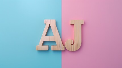 Wall Mural - Letter AJ together in wood on Pink and blue combination background