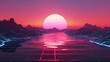 A mesmerizing neon-lit retro synthwave sunset with a radiant sun dipping below a mountainous digital landscape reflecting on water