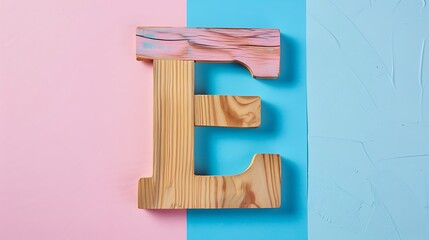 Wall Mural - Letter E in wood on Pink and blue combination background