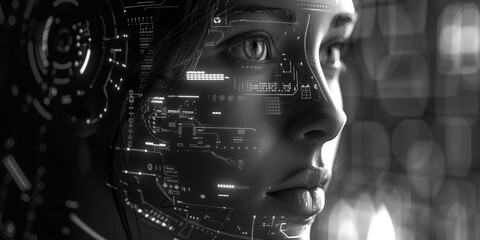 Wall Mural - The concept of transhumanism or the robot of the future. Close-up view of the face