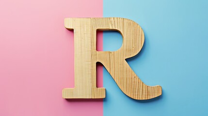 Wall Mural - Letter R in wood on Pink and blue combination background