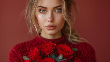 Sticker -  Woman in red sweater, holding red roses in front of face, looking into camera