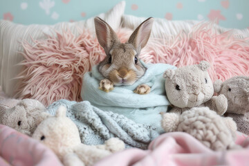  The Easter, curious bunny is wrapped in a soft powder blue pastel blanket, surrounded by a bunch of plush, stuffed animals and pillows in a cozy, cozy corner.