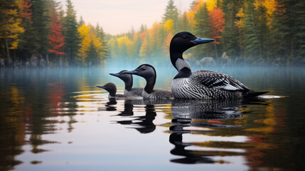 Loon duck and the baby group on the water, in the style of national geographic photo, loon family.