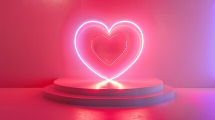 Wall Mural - platform valentine day background with pink, red, white chamber platform gleam neon heart shape setting