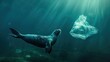 A seal in the ocean depths with plastic bag, symbol of the pervasive plastic pollution threatening marine life