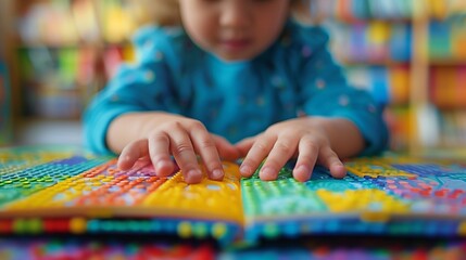 Blind child reading book written in Braille, closeup