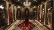Luxury boutique in metaverse with mannequins in extravagant dresses shoes and purses