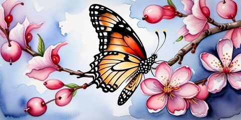 Beautiful butterfly on a flowering branch of a fruit tree. Watercolor illustration by Generative AI.